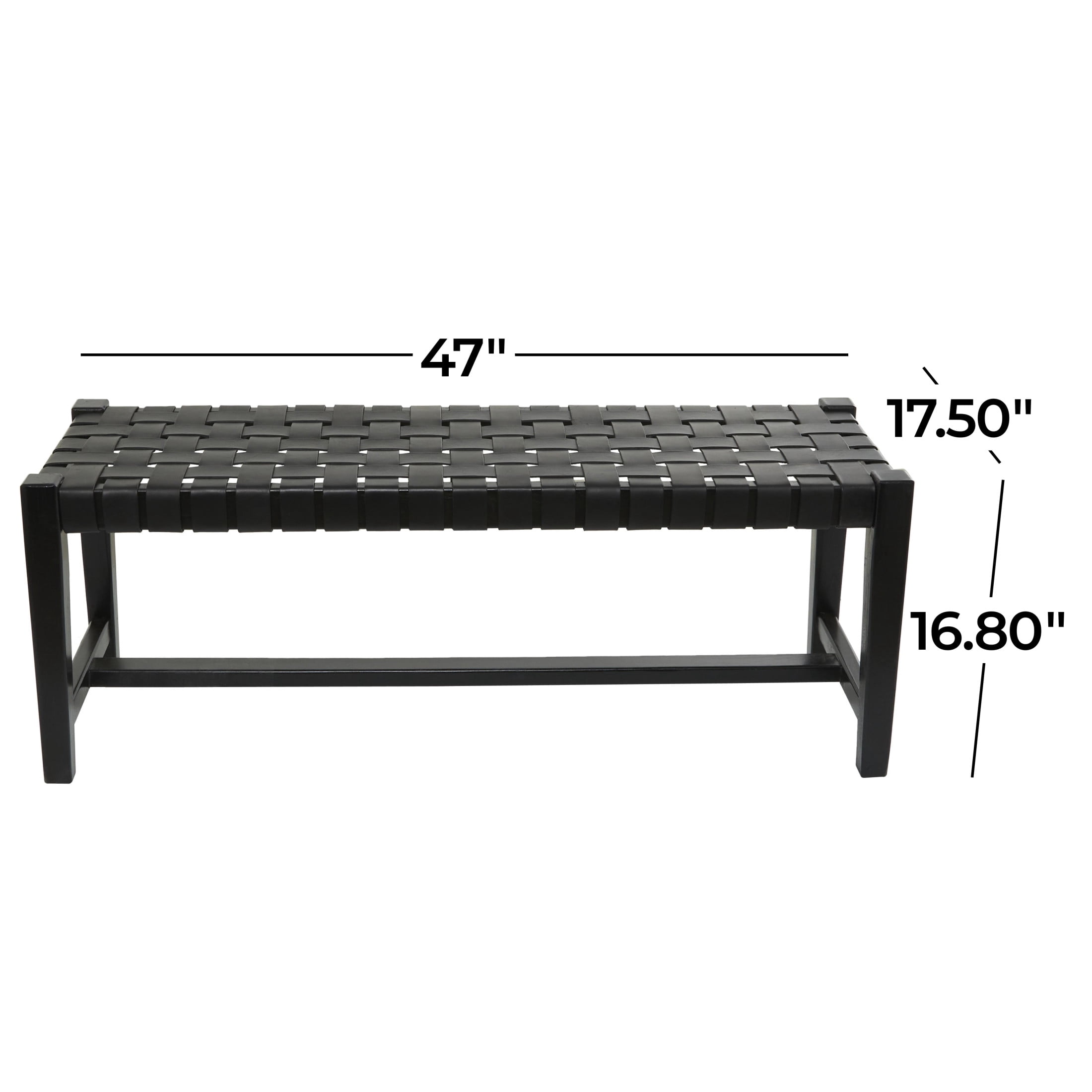 DecMode Leather Handmade Woven Bench with Teak Wood Frame, Black