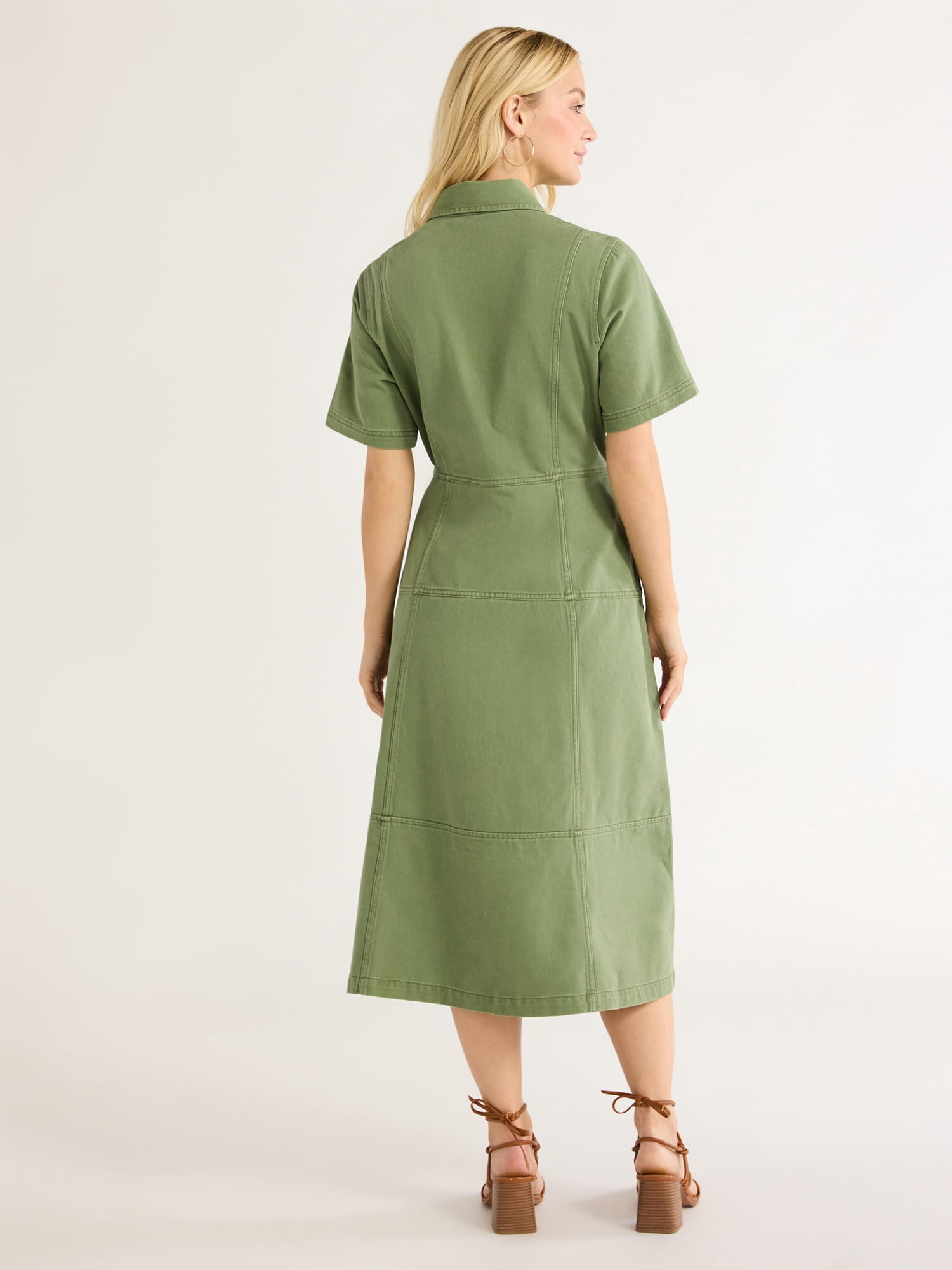 Free Assembly Women's Button Front Cotton Midi Dress with Short Sleeves, XS-XXL