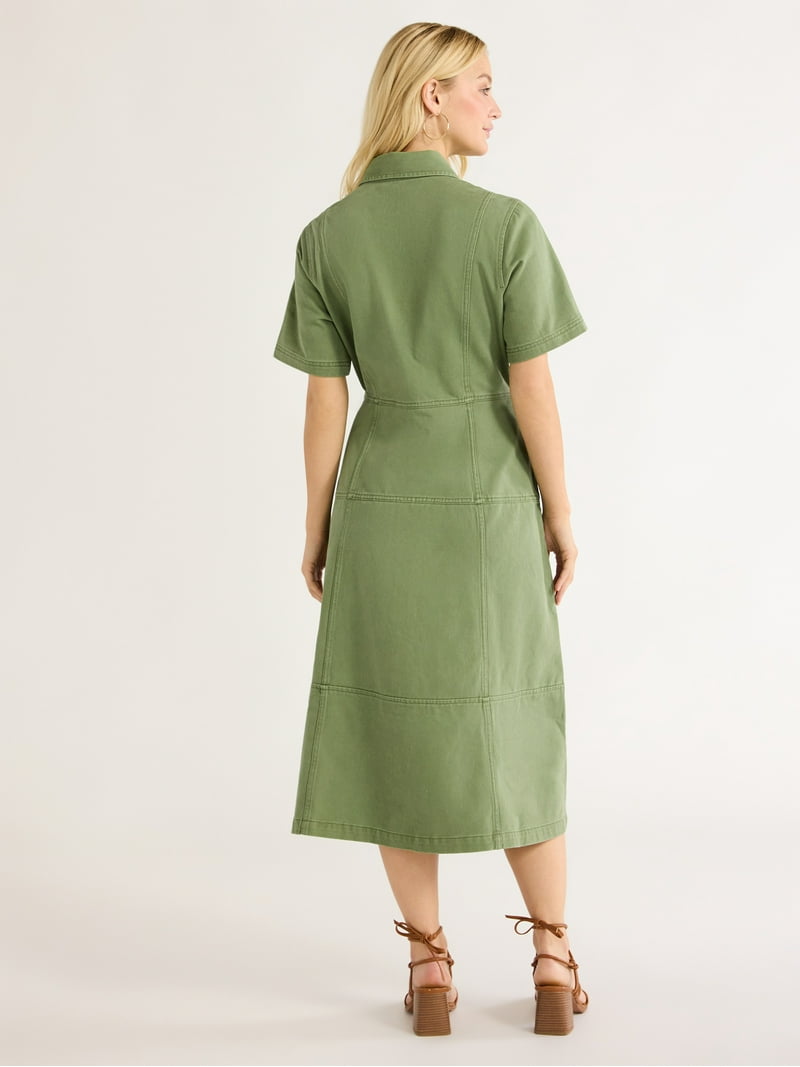 Free Assembly Women's Button Front Cotton Midi Dress with Short Sleeves,  XS-XXL - Walmart.com