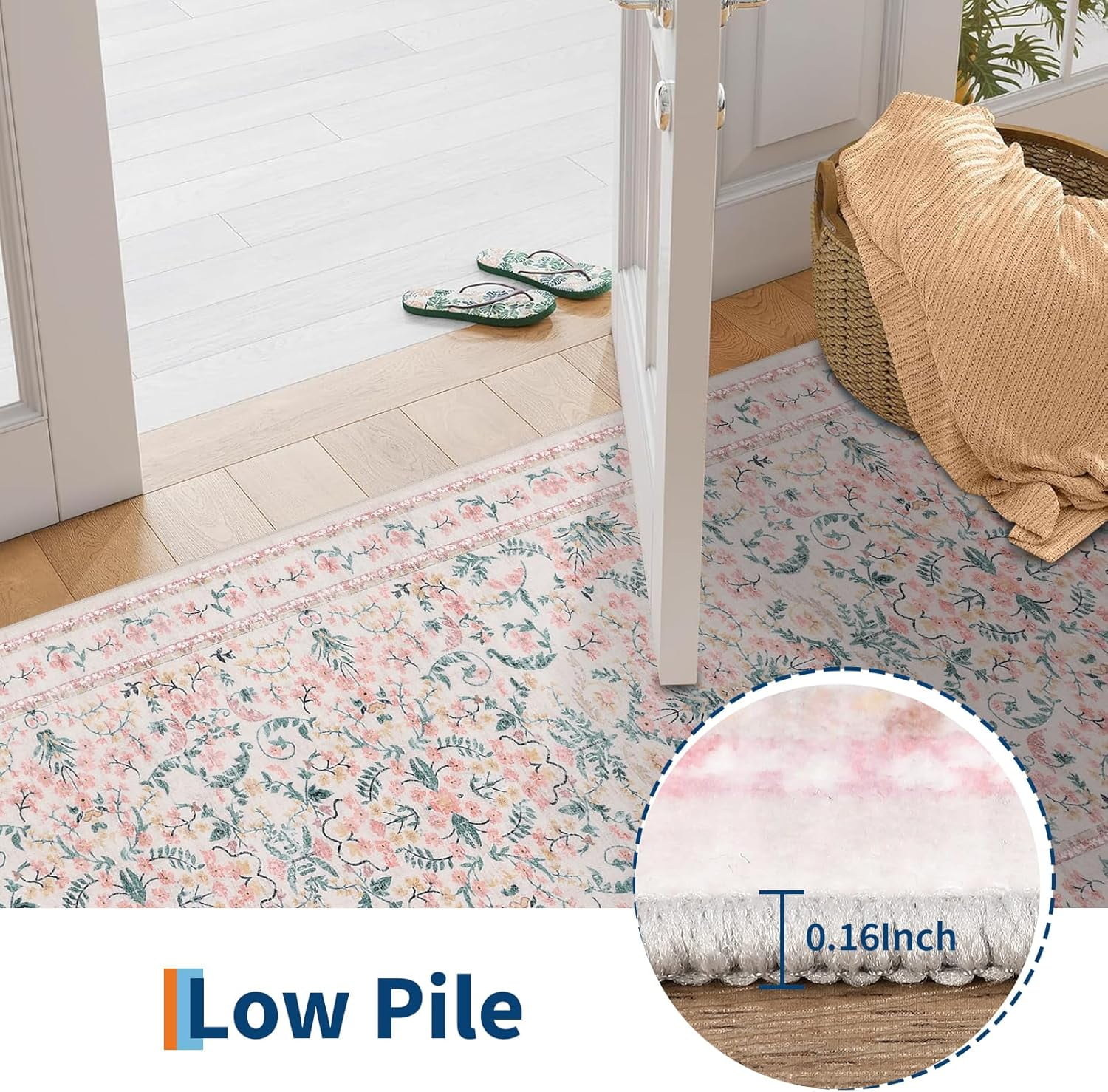 Memoryfield Washable Vintage Area Rug 9' x 12', Soft Low Pile Indoor Non Shedding Floor Covering, Foldable Floor Mat, Pink
