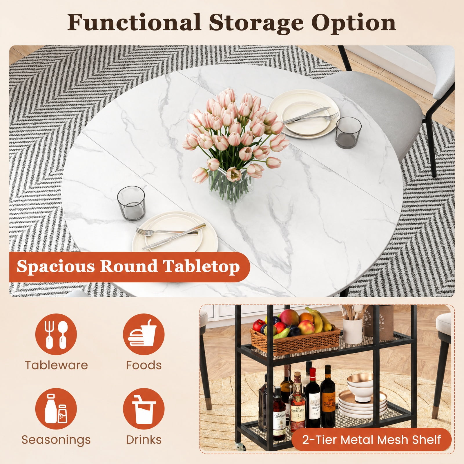 Furnibear Folding Round Dining Table with Lockable Wheels and 2 Storage Shelves and Sturdy Metal Frame for Small Spaces, White