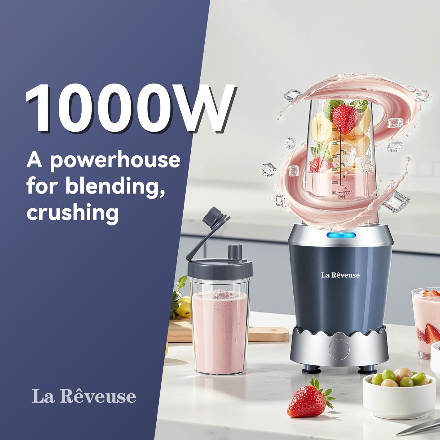 Personal Size Smoothie Blender Pro, 1000W High Speed with 24oz To-Go Cup for Shakes and Frozen Drinks