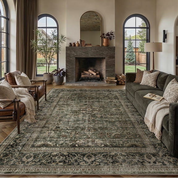 BERTHMEER 8'x10' Area Rugs for Living Room Large Vintage Taupe Carpets for Bedroom Office Machine Washable Farmhouse Dining Room Oriental Rugs Non Slip Traditional Distressed Rugs