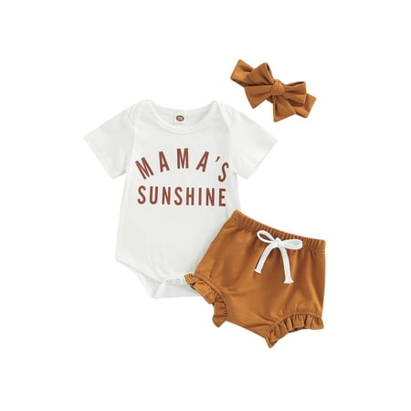 

IZhansean 3Pcs Infant Baby Girls Summer Outfits Mama s Sunshine Print Short Sleeve Romper Shorts Headband Clothes White 0-3 Months