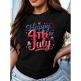 thumbnail image 1 of Women's Patriotic 4th of July Graphic T-Shirt - Happy 4th July Fireworks & Stars Print, Black with Red/Blue Casual Round Neck Short Sleeve Top for Spring Summer, Easy Care, Holiday Apparel, 1 of 7