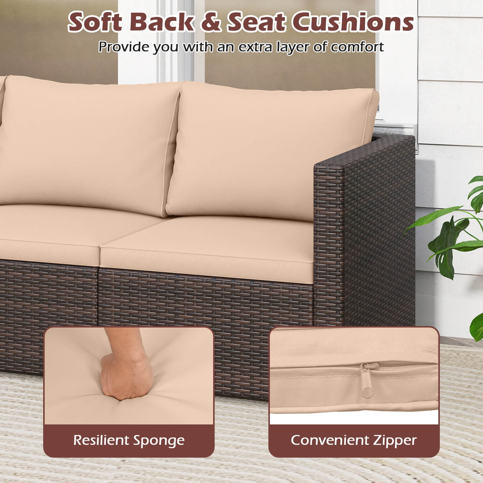 Costway 3PCS Patio Sectional Sofa Set with Right Arm Sofa & Left Arm Sofa, Soft Cushions Beige + Mix Brown