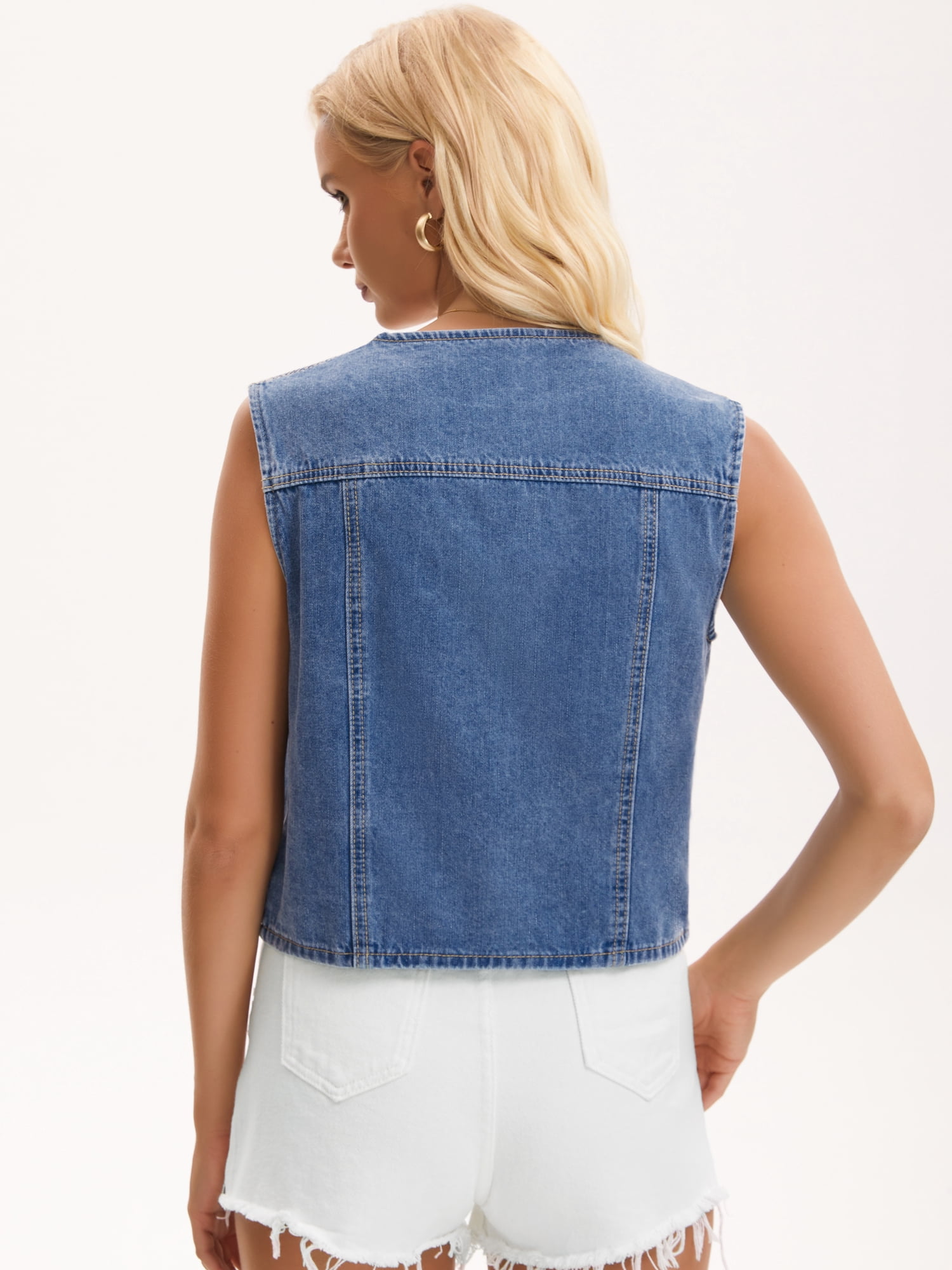 DARING DIVA Women's V Neck Button Up Sleeveless Cropped Denim Vest L Light Blue