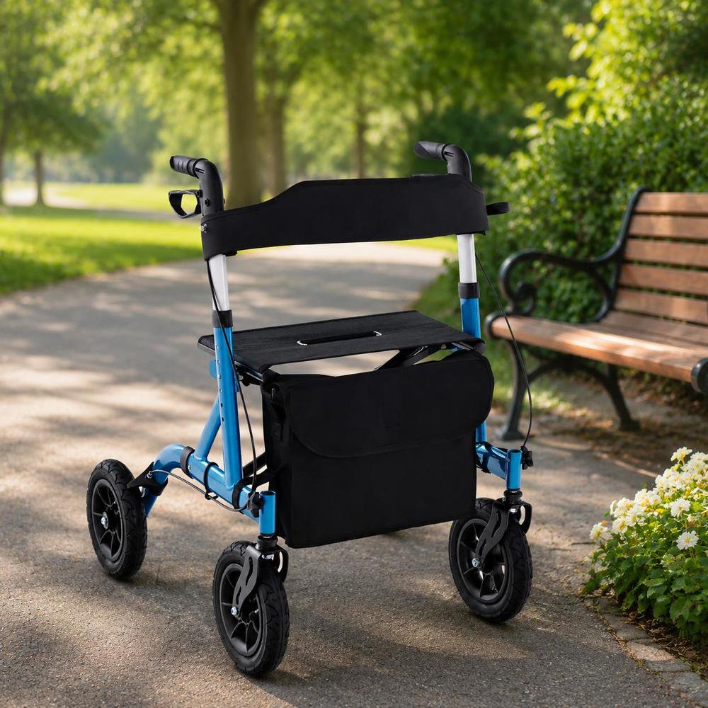Blue Foldable Rollator Walker with Seat, 9.5 in All Terrain Pneumatic Wheels, Hand Brakes, Adjustable Handles