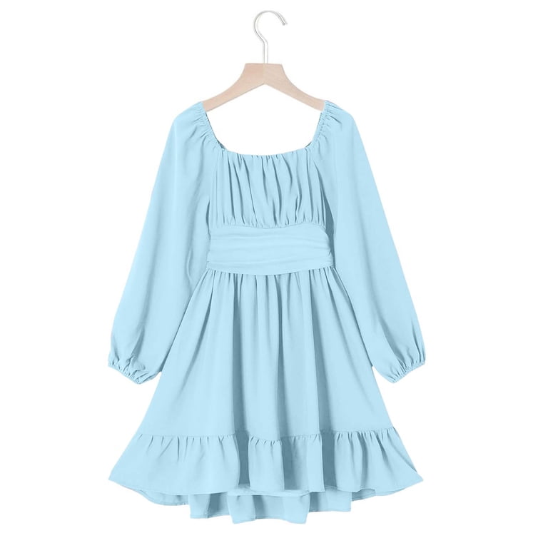 light blue dresses for 12 year olds Girls Long Sleeve Dress A-Line Ruffle Square Neck Bow Back Casual Party Formal Church Kids Polyester Ages 6-12,Size 10-11T White Short Sleeve Boucle Presidents Day 25 Size:Medium (102cm) / Long ️ ️ AVAILABLE COLORS