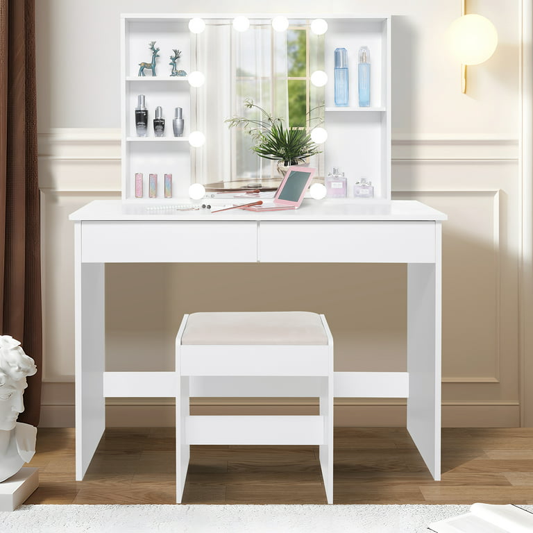 USIKEY Large Vanity Set with 1 Slide Rail Mirror & 10 Light Bulbs, Makeup  Tables with 5 Shelves, Vanity Dressing Table with 2 Large Drawers and 1 
