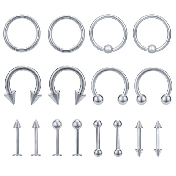 QQTDFG 16 Pcs/lot Stainless Steel Nose Rings 14/16G Ear Labret Tongue Eyebrow Piercings-Silver-8mm