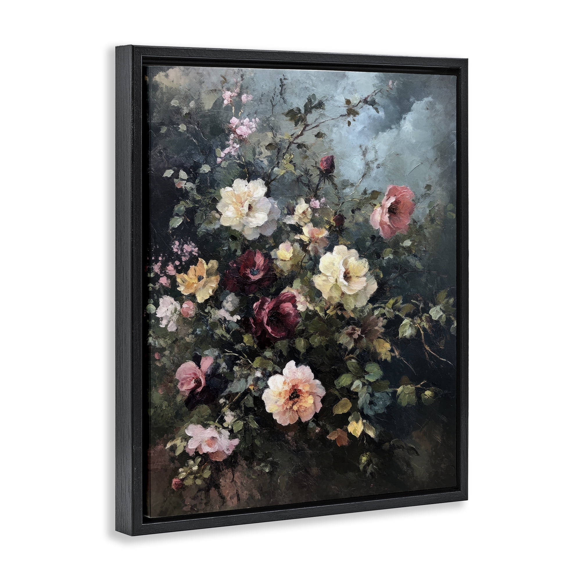 Stupell Industries Moody Dark Bouquet Plants & Flowers Painting Black Floater Framed Canvas Art Print Wall Art, 17 x 21