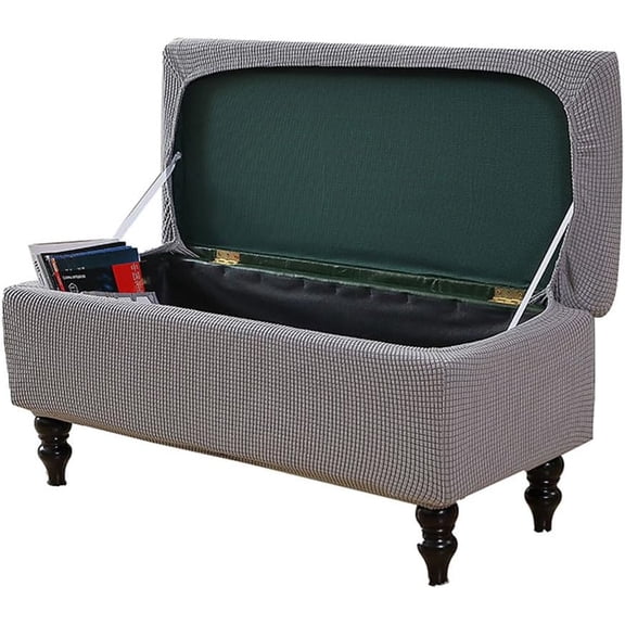 Ottoman Cover Rectangle, Stretch Jacquard Storage Ottoman Cover Rectangle Removable Storage Bench Cover Folding Ottoman Covers with Elastic Bands Ties Medium Light Gray