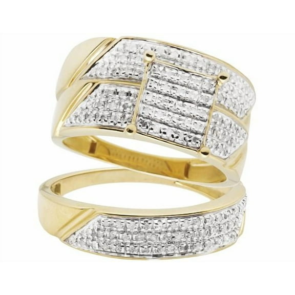 TAAPSEE JEWELS Cluster CZ Trio Bridal Ring Set 14K Yellow Gold Finish Wedding Bands for Couple
