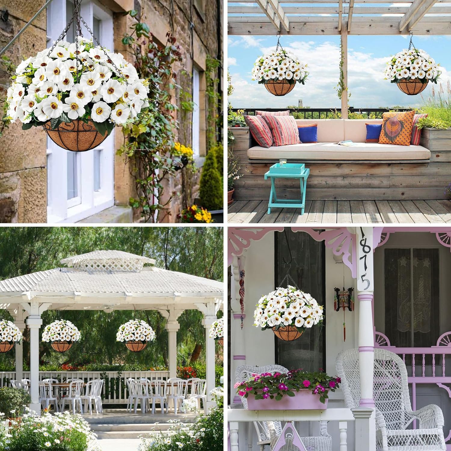 Artificial Fake Hanging Flowers with Basket, Faux Silk Morning Glory Flower Arrangement for Spring Summer Decor, Hanging Plant for Patio Garden Porch Outdoor Decor