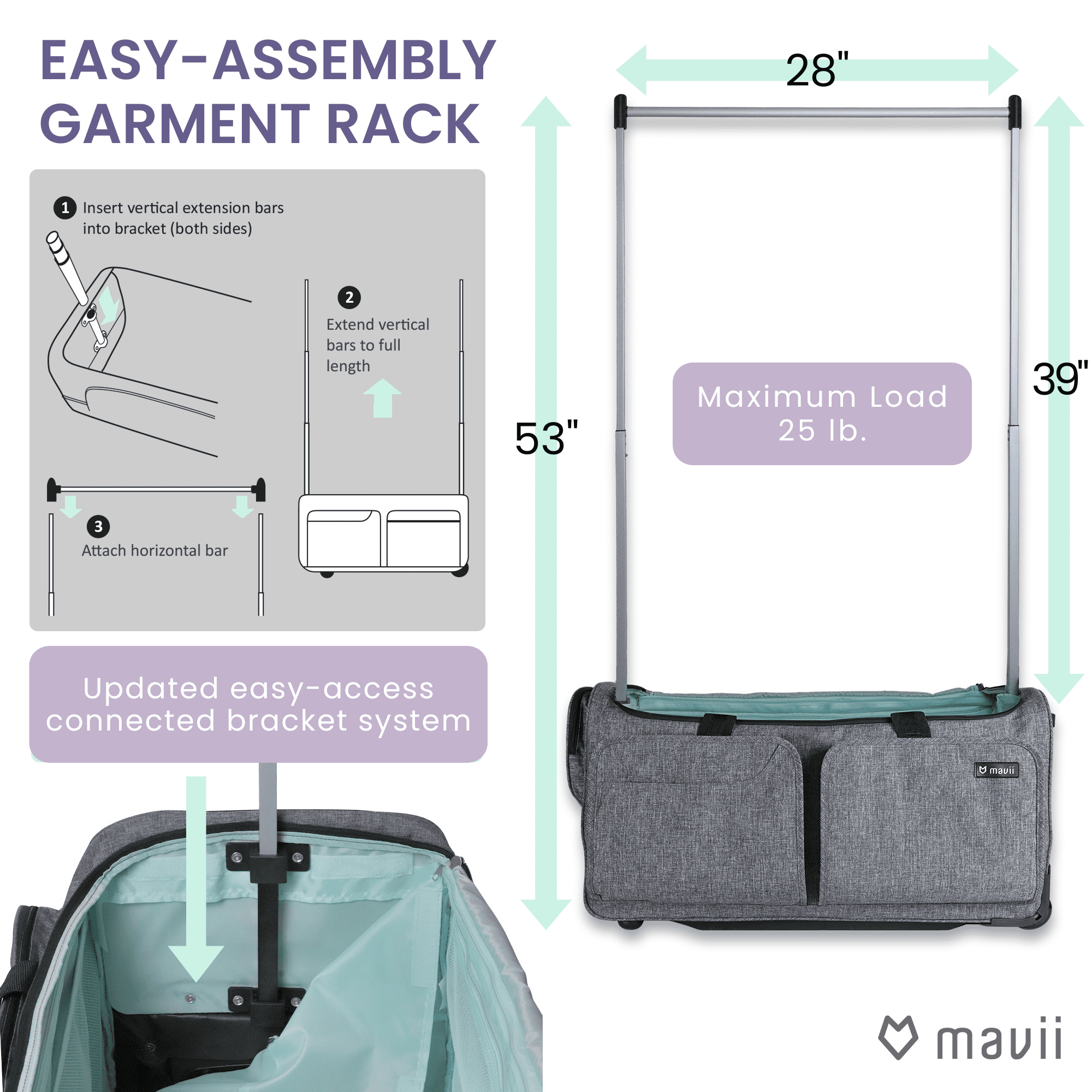 Mavii Rolling Duffel Bag with Garment Rack 28 inch Collapsible Competition Dance Duffle Wheeled Lightweight Dance Bag