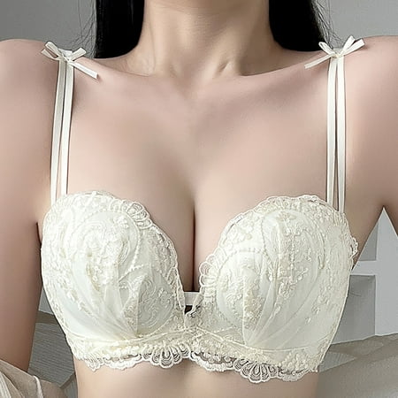 REORIAFEE Full Coverage Bras for Women No Wire Gathered Together Bras Lace Adjustable Straps Brassiere Breathable Spaghetti Straps Comfy Corset Underwear Classic Comfortable Support Lingerie White M
