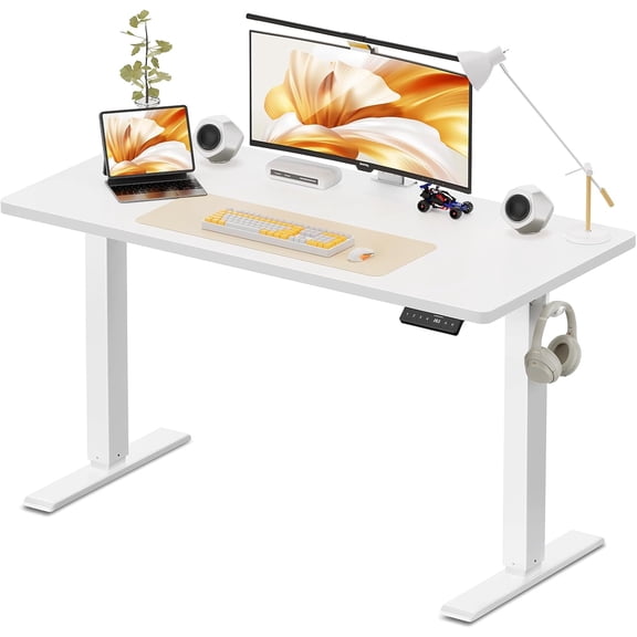 GLZ'HOME 48x24 Inches Height Adjustable Electric Standing Desk with 2 Hooks for Home Office, Ergonomic Sit Stand up Desk with Splice Board, White