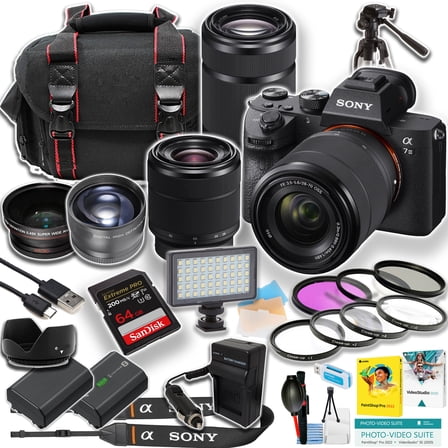 Sony a7 III Mirrorless Camera International Version (No Manufacturer Warranty) w/ 28-70mm & 55-210mm Lenses   64GB Card   LED Light   Spare Battery   Tripod (21-Pc Bundle)