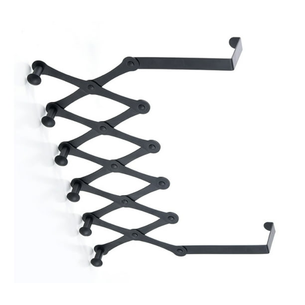 Bewildely Puerta trasera de acero inoxidable, 6 ganchos, soporte telescópico negro, organizador de toallas para ropa, dormitorio, baño, sala de Almacenamiento y organización del hogar