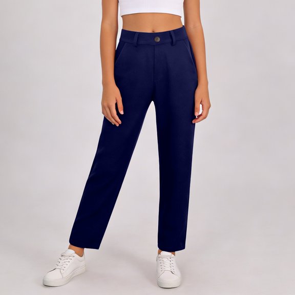 FYDUU Girls School Uniform Pants Kids Dress Pants High Stretchy Trousers With Pockets Solid Color Classic-Fit Straight Leg School Pants 13-14 Years