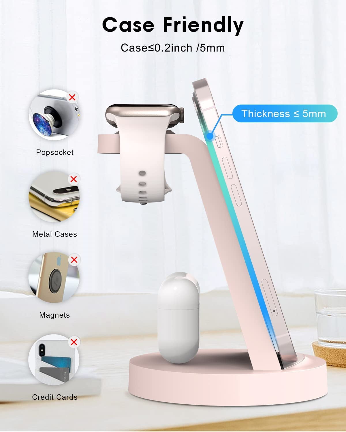 ETEPEHI Wireless Charging Station: 3 in 1 Wireless Charger Compatible for iPhone iWatch Airpods -Pink