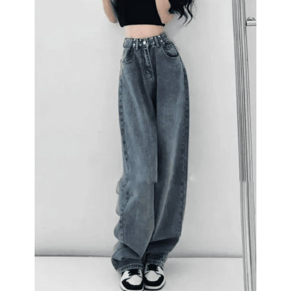 Jeans Femme Basiques Printemps Style Américain Loisirs Usés Ulzzang Collège Denim Mode Ample Taille Haute Hip Hop Vintage - Bleu / m