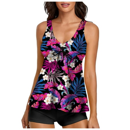 Tankini Swimsuits for Women Tummy Control Two Piece Bathing Suits Summer Tankini Swimwear Flowy Tank Top with BoyShorts