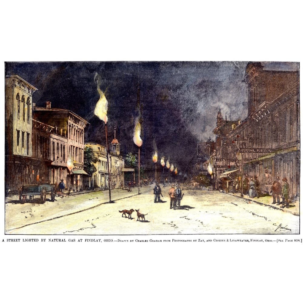 Gas Lights, 1885. /Nnatural Gas Lamps Lighting The Street In Findlay