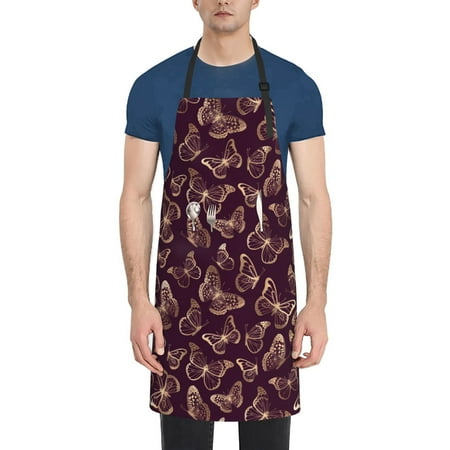 

Vsdgher Beautiful Purple Butterflies Waterproof Apron with 2 Pockets Kitchen Chef Aprons Bibs for Grooming Cooking Baking Painting Gardening