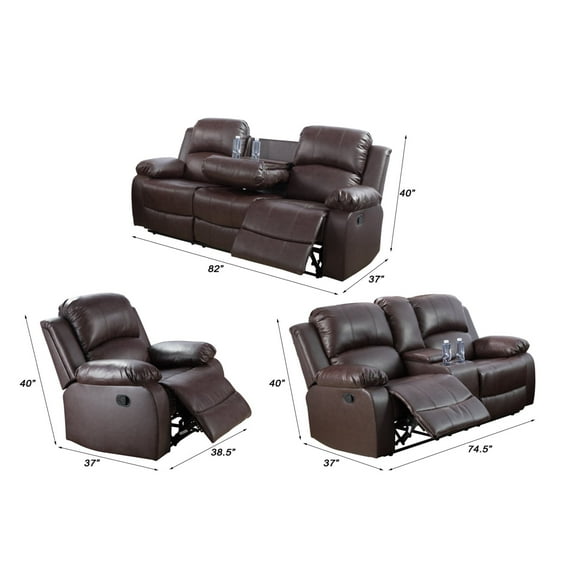 Pon Living Furniture Inc 3-Pcs Leather Reclining Living Room Set, Brown