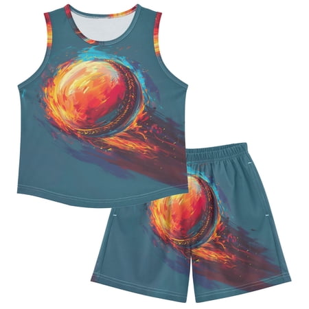 Flaming Cricket Ball Illustration Pajamas Set Sleeveless Sleepwear Tank Tops with Shorts Loose Fit Lounge Wear Unisex 4Y