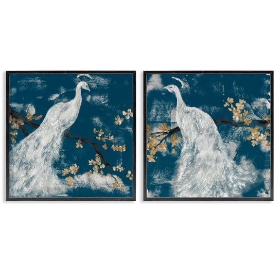 Stupell Industries Traditional Mystical Peacock Floral Tree Blossoms Black 2pc Framed Giclee Art Set, 12 x 12 each, by Jennifer Goldberger