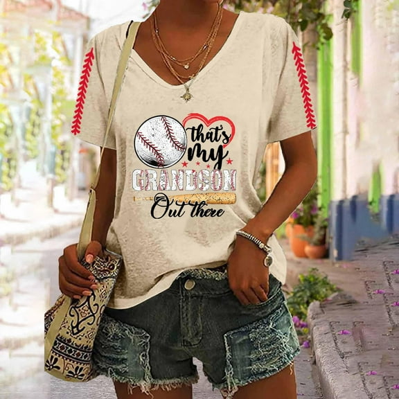 Beige Womens Tops Women's Baseball Season Solid Color Sports Top V Neck Loose Short Sleeved Shirts for Women