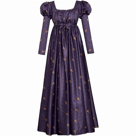 Women's Regency Empire Waist Dress Vintage Floral Puff Sleeve Long Gown with Belt