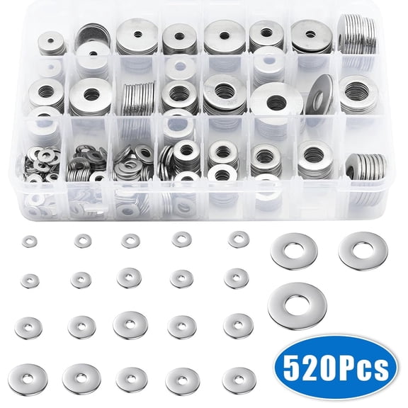 Fender Washers SAE Metric 23 Sizes Flat Washers Assortment Set 304 Stainless Steel Assorted Hardware Washers Kit for Bolts 520 Pcs