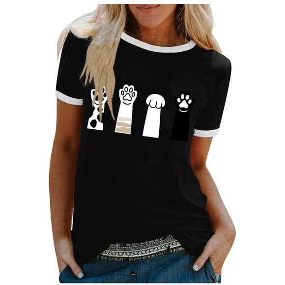 LUOGENLI Female T-shirts for Womens Women Casual Crew Neck Blouse Short Sleeve Stitching Color Cat Scratch Printing Pattern T Shirt Holiday Top Tee T-shirts Womens White St. Patrick's Day Black L