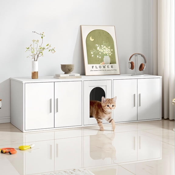 Yardi Yarda Cat Litter Box Enclosure for 2 Cats with Double Rooms and Sisal Scratching Mat, Cat House, Cat Condos for Indoor Cats, Pet Furniture-White