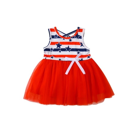 

SSPalu Independence Day Girl Sleeveless Star Stripe Print Red Tulle Dress