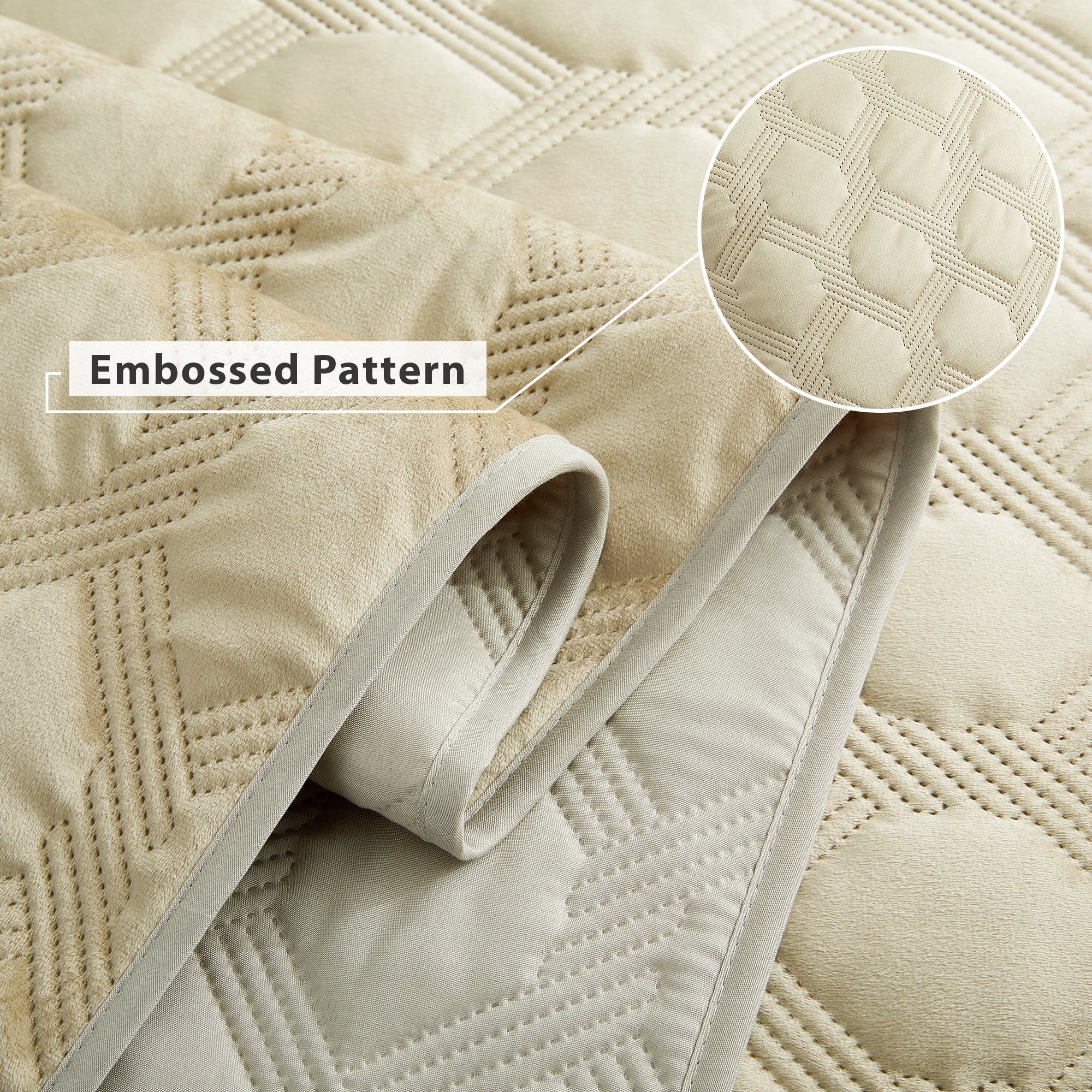 IR Imperial Rooms Velvet Quilt Set 3 Piece Geometric Ultrasonic Embossed Bedspread Reversible 350GSM Soft Brushed Microfiber Beige Full/Queen