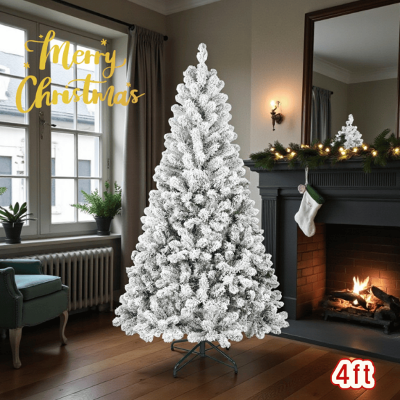 Tcbosik Artificial Flocked Christmas Tree, 4ft Unlit Xmas Tree with 233 Branch Tips, Holiday Décor with Metal Stand, Green & White