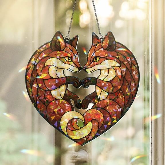 Lotusprinthandmade Fox Couple Custom Shape Broken Glass Hologram Ornament 3.5in, Romantic Fox Decor, Animal Lover Gift