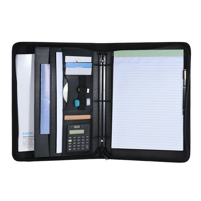 ammoon Multifunctional Professional Business Portfolio Padfolio Folder Document Case Organizer A4 PU Leather Zippered Closure Loose- Loop with Calculator Business Card Holder Memo Note Pad