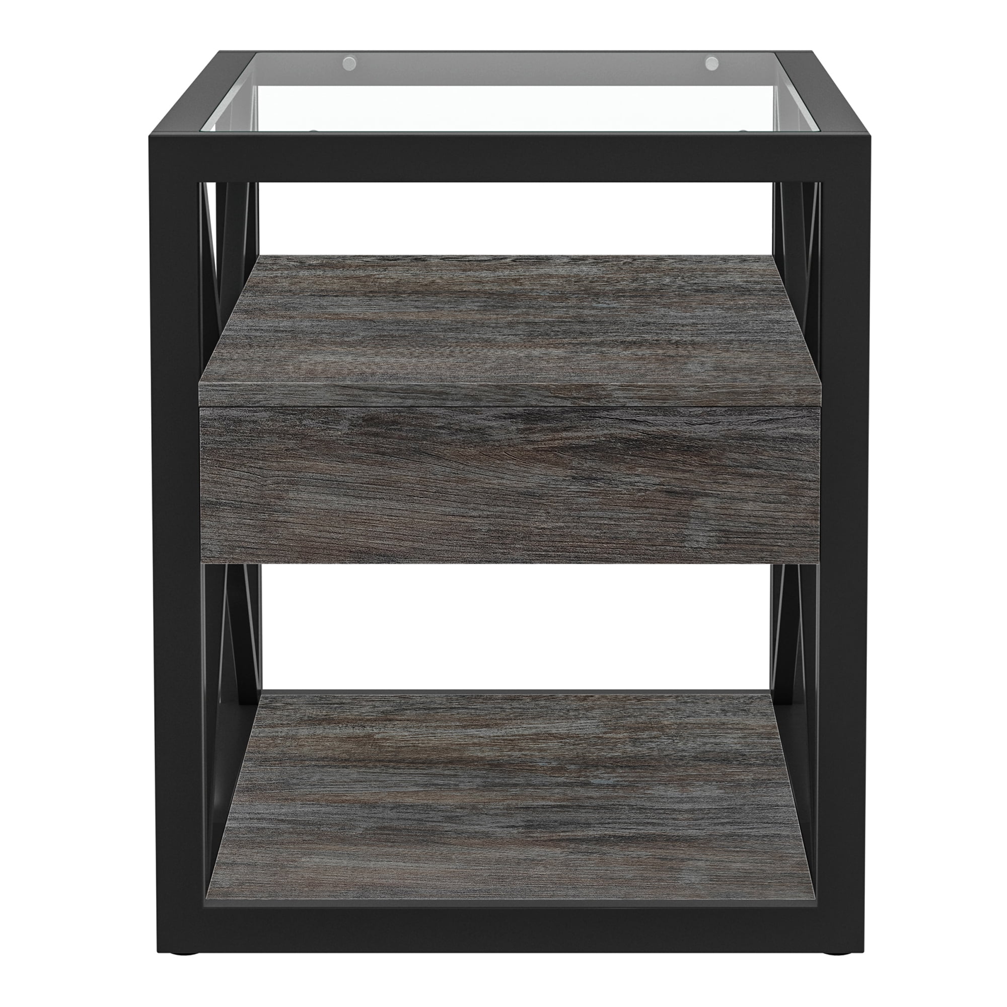 Set of 2 Modern End Table with Drawer, Nightstand for Bedroom & Living Room, Rustic Wood Grain MDF & Tempered Glass Top, Industrial Style Side Table