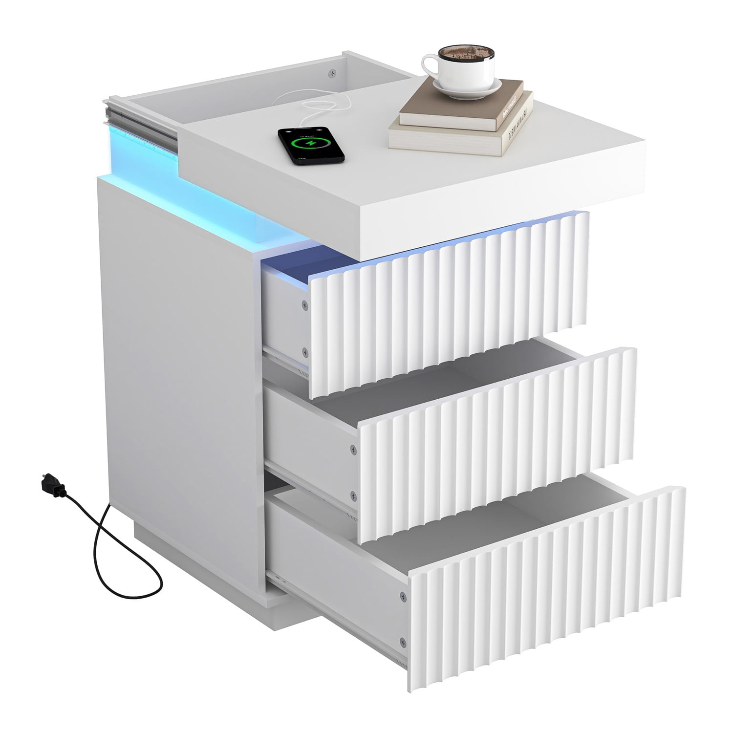 Hommoo Nightstand End Table Set of 2 with Fast USB Charging Station, Modern Wood Storage Sofa Side Table with 2 Drawers and LED lights, for Living Room,Bedroom,Office, White