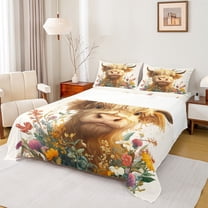 Manfei Kawaii Highland Cattle Bed Sheets, Rustic Groovy Flower Floral King Sheets, Farmhouse Animal Sheet Set, Microfiber Bedroom Decor, 4 Pieces