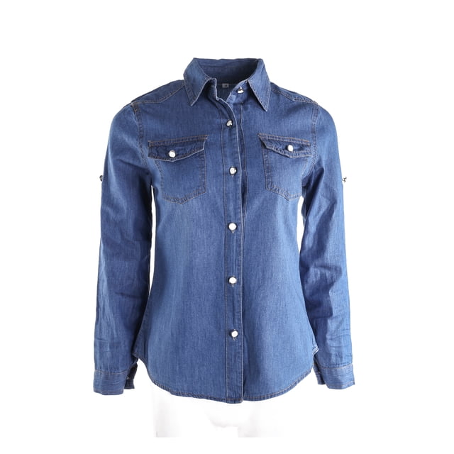 Camisa con cuello de manga larga para mujer Blusa de mezclilla con botones Tops XBTCLXEBCO azul, Grande