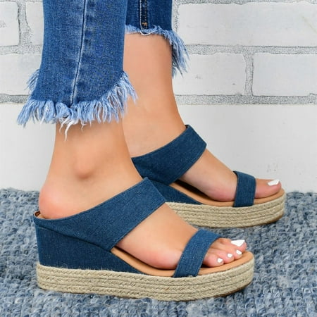 

Feiboyy Summer Women Open Toe Breathable Beach Sandals Slip-On Straw Casual Wedges Shoes