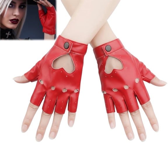 Half Finger Leather Gloves,Fingerless Glove, PU Leather Stylish Fingerless Biker Punk Dance Gloves with Heart Cutout for Women Halloween Party Cosplay Costume