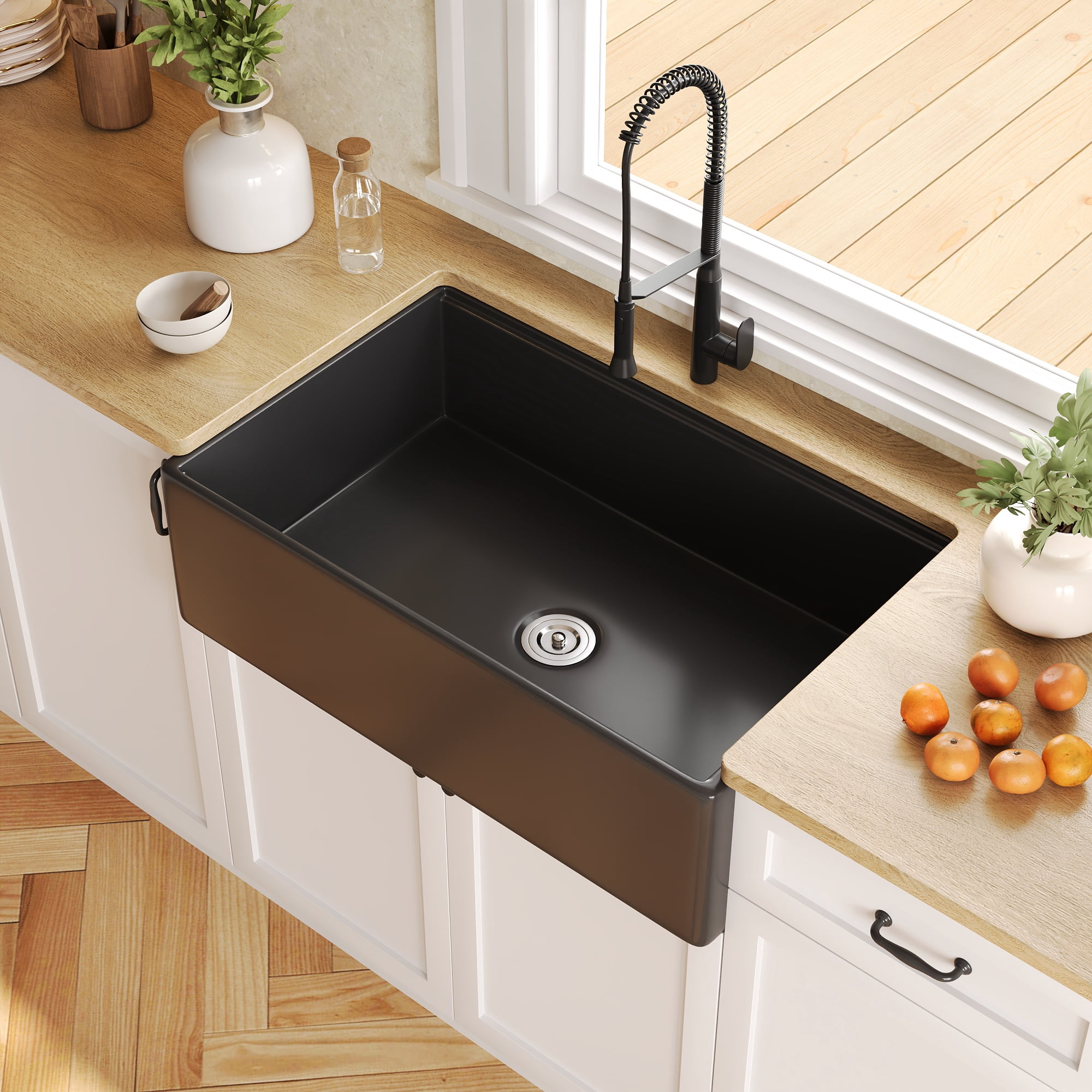 DV-1K0161B 33"L x 20"W Kitchen Sink, Farmhouse Workstation Sink with Cutting Board and Dish Drying Rack